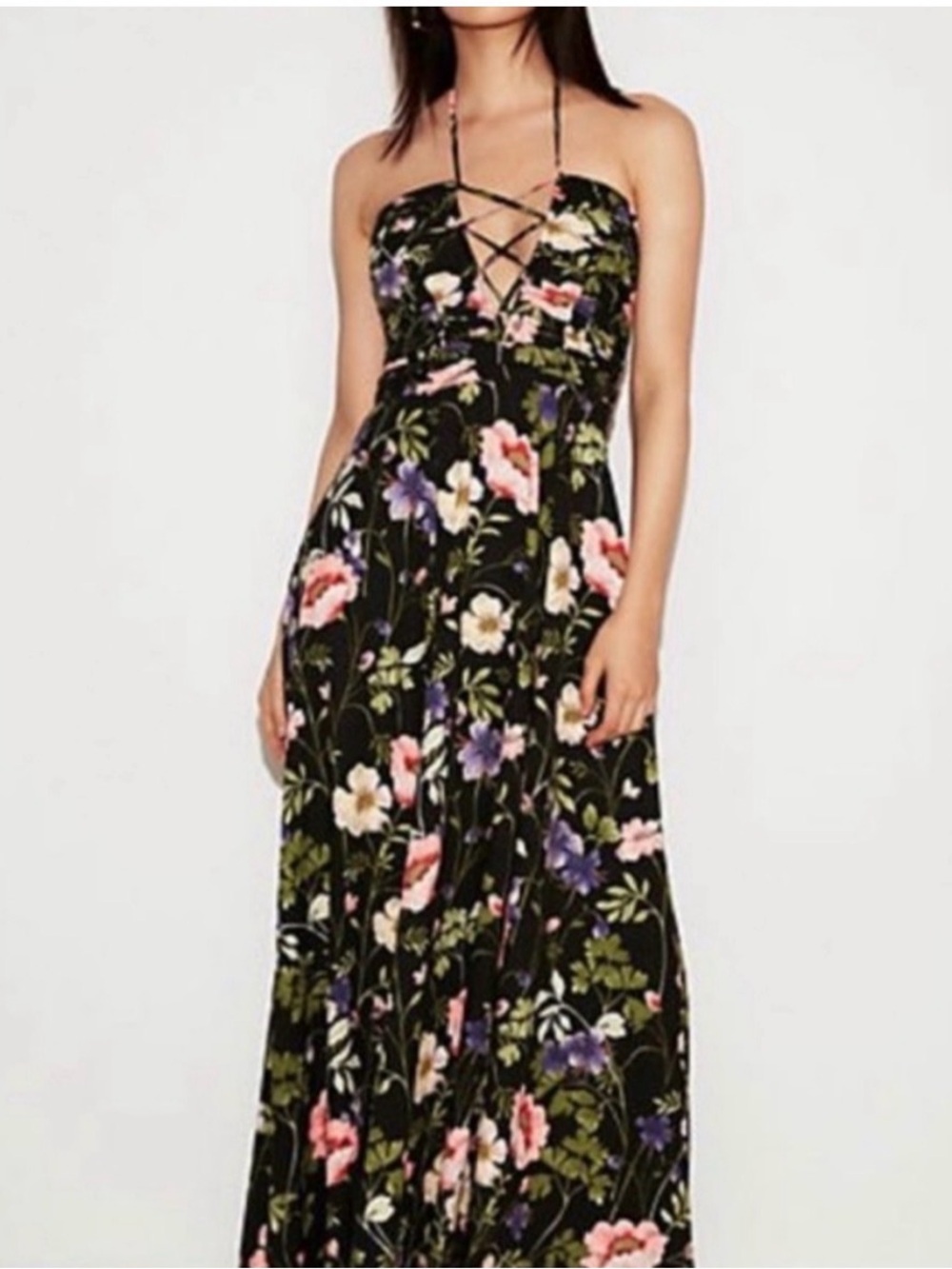 Express Black Strapless Floral Maxi Dress with Pink and Purple Blooms
